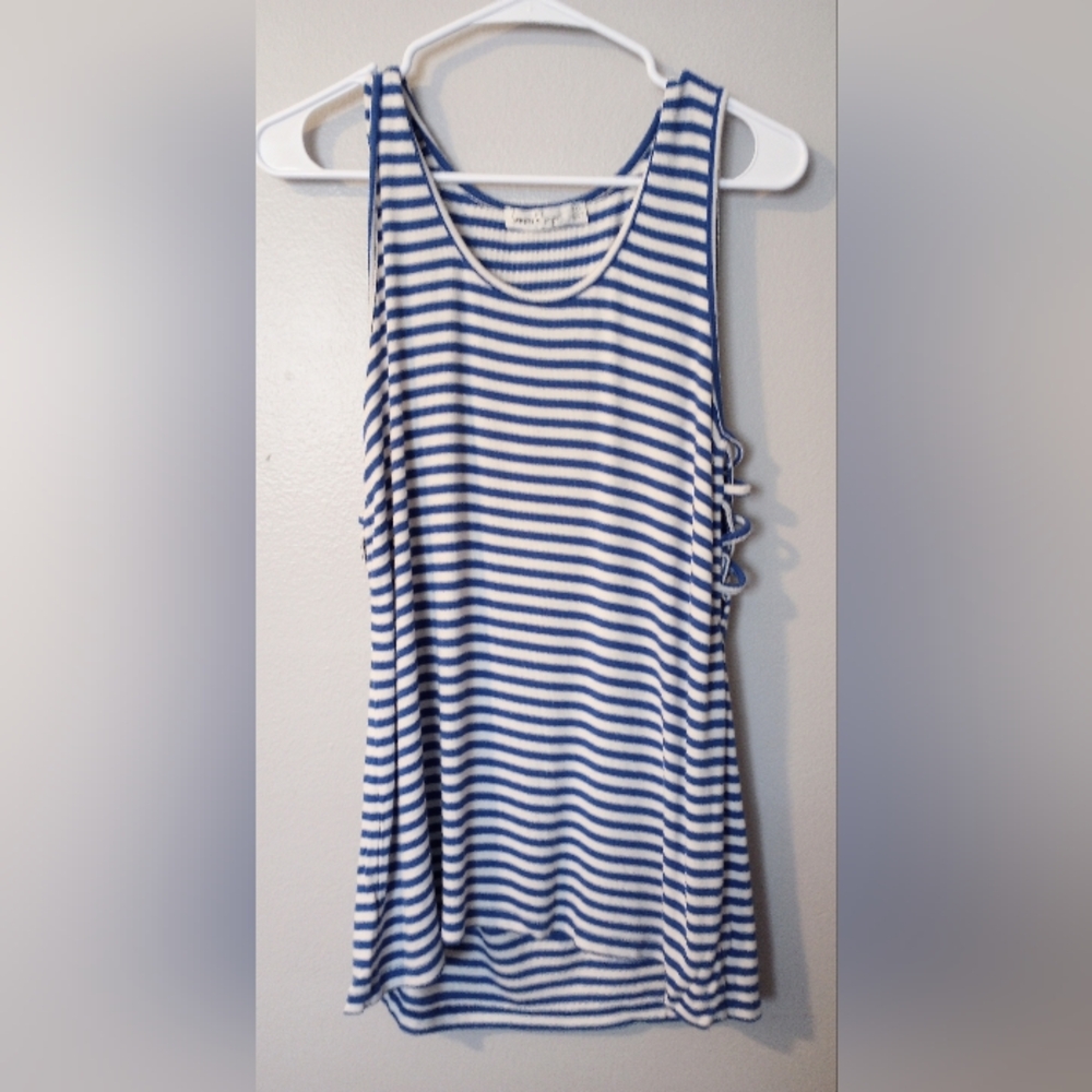 Women's blue white striped tank top with lattice edges